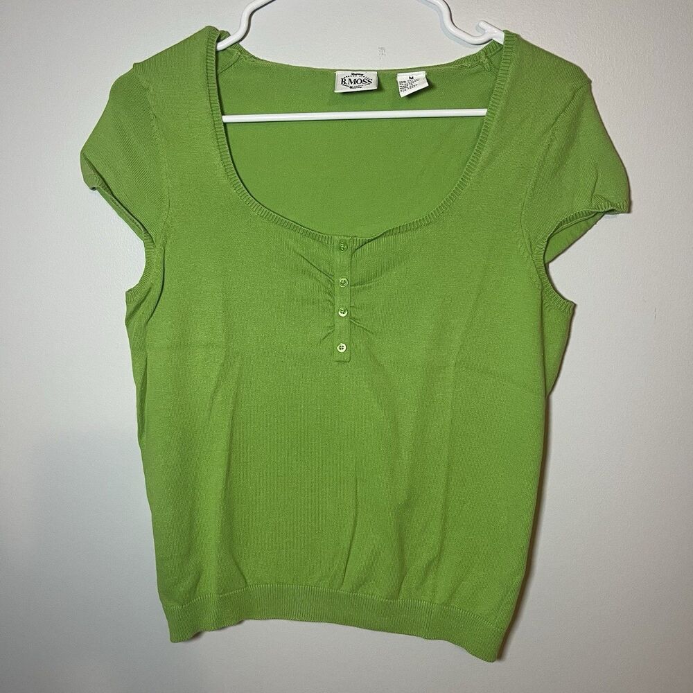 Vintage B. Moss Green Henley Sweater Top Womens Medium Short Sleeve